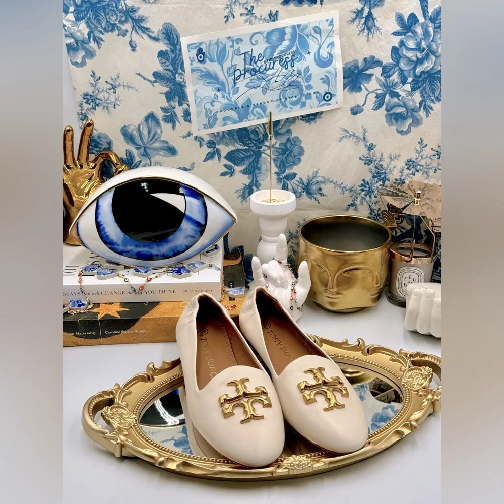 🆕 TORY BURCH 🧿 NWOB Eleanor White Leather Smoking Slipper Loafers, Sz US 6